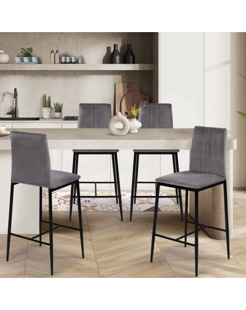 4 Tabourets de bar glam Jade en Velours gris foncé - 43x46.5x100 cm