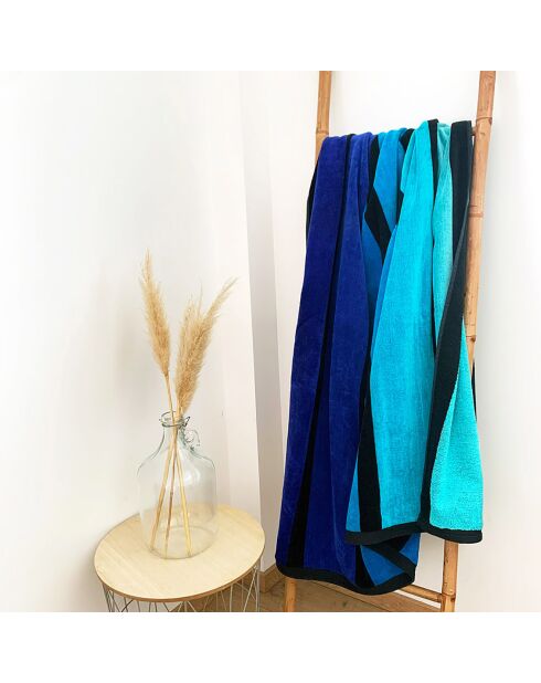Serviette de plage en éponge velours Happy bleue - 140x180 cm