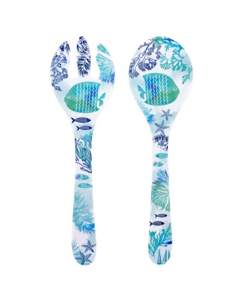 2 Couverts à salade Caraïbes bleu/blanc - 33 cm