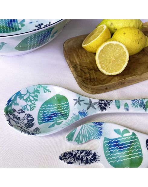 2 Couverts à salade Caraïbes bleu/blanc - 33 cm