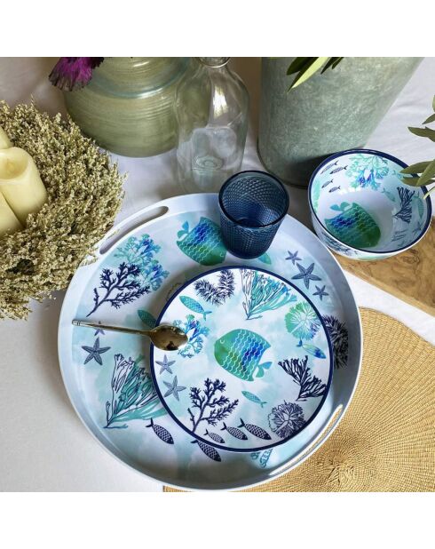 Vassoio rotondo grande blu caraibico/bianco - D.36 cm