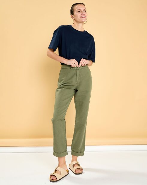 Pantalon droit en Coton & Lin Strech Grace military kaki