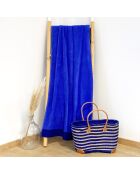 Shady velvet badhanddoek in badstof beige/blauw - 90x160 cm