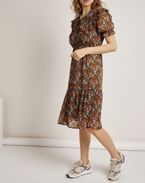 Schwarz/mehrfarbig bedrucktes Lana-Voile-Kleid