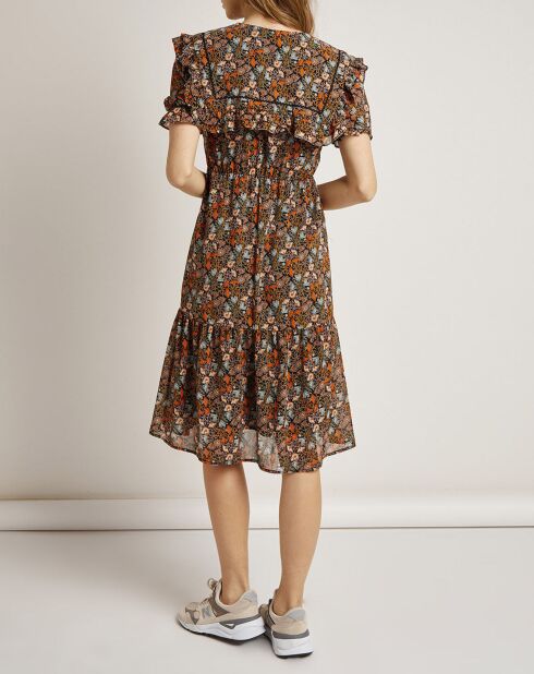 Schwarz/mehrfarbig bedrucktes Lana-Voile-Kleid