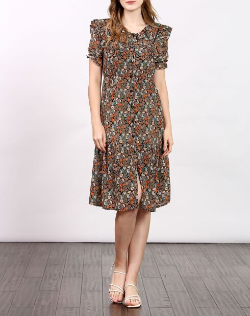 Schwarz/mehrfarbig bedrucktes Lana-Voile-Kleid