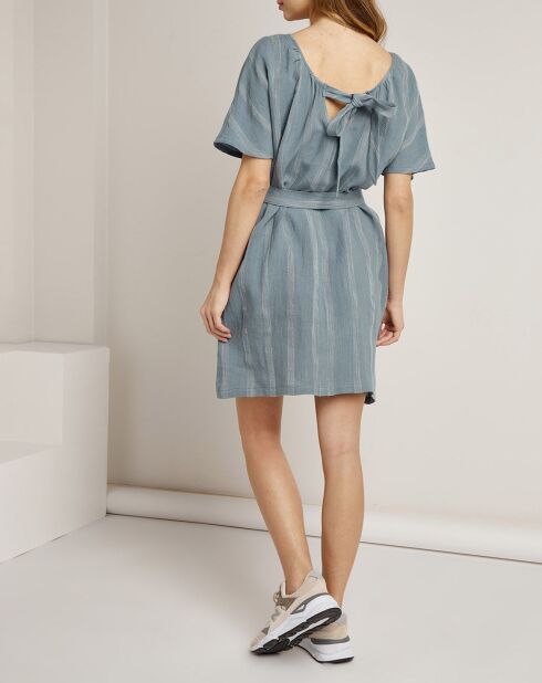 Robe 100% Lin Zoé rayée ton sur ton bleue