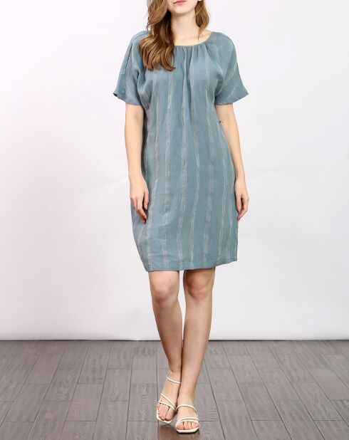Robe 100% Lin Zoé rayée ton sur ton bleue