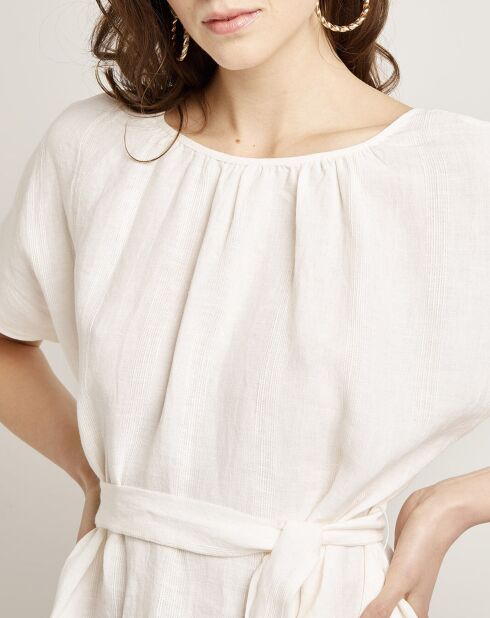 Robe 100% Lin Zoé rayée ton sur ton blanche