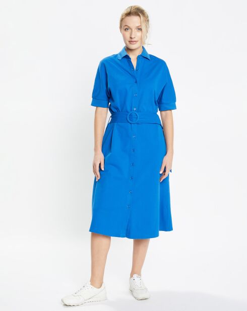 Robe mi-longue en Coton piqué Arias évasée bleu électrique