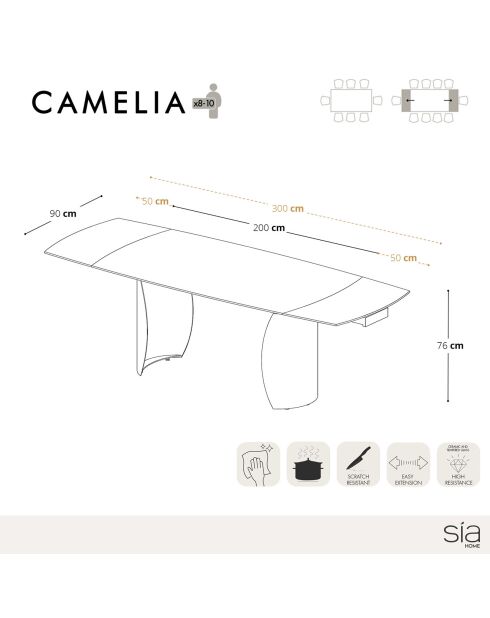 Table extensible Camélia Carrara verre trempé XL noir/doré - 76x200-250-300x90 cm