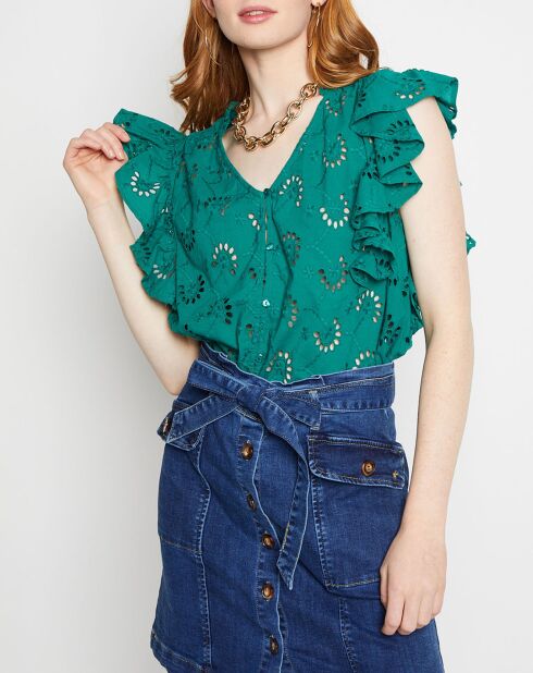 Cordelia opengewerkte groene top met knopen