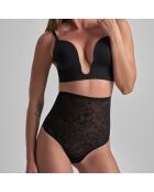 Schwarzer Tanga mit Spitzenkontrolle und hoher Taille