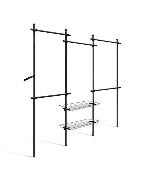 Penderie télescopique double avec rangements intégrés noire - 305x35x278 cm