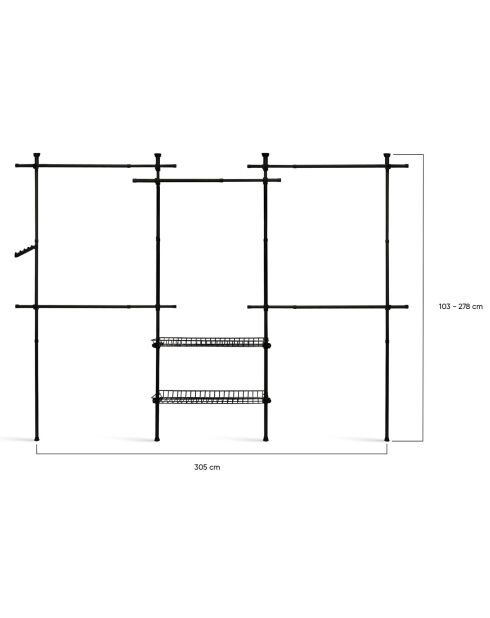 Penderie télescopique double avec rangements intégrés noire - 305x35x278 cm