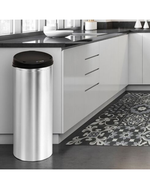 Poubelle automatique ronde 50L noir/métal - 31.5x81.5 cm