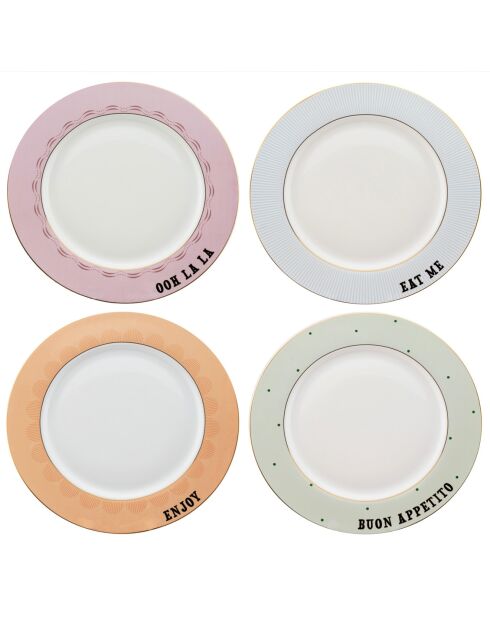 Coffret 4 assiettes plates en Porcelaine Slogan multicolore - D.26.5 cm