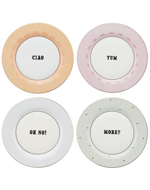 Coffret 4 assiettes plates en Porcelaine Slogan multicolore - D.20 cm