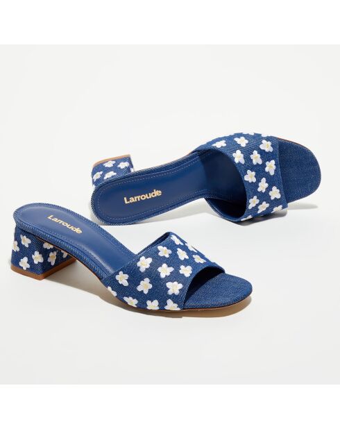 Mules en Denim Brigitte à fleurs bleues - Talon 4,5 cm