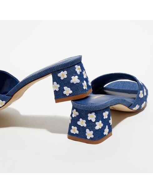 Mules en Denim Brigitte à fleurs bleues - Talon 4,5 cm