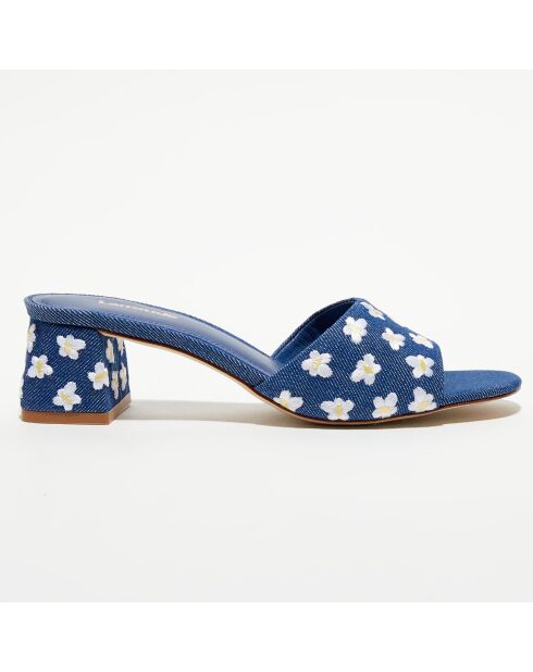 Mules en Denim Brigitte à fleurs bleues - Talon 4,5 cm
