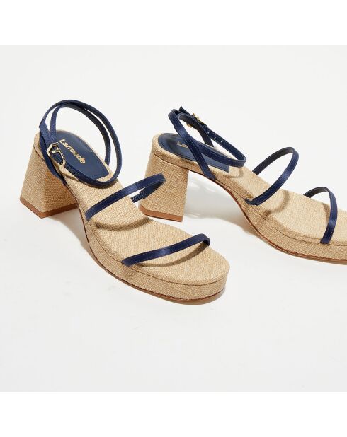 Blauw/beige sandalen van leer en raffia Gio - hak van 6 cm