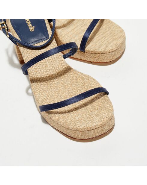 Blauw/beige sandalen van leer en raffia Gio - hak van 6 cm