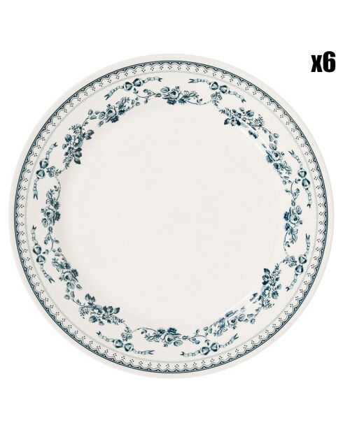 6 Assiettes plates Faustine bleu ancien  - D.26 cm