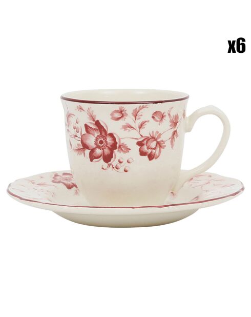6 Tasses à thé avec soucoupe Margaux rouges - 20 cl