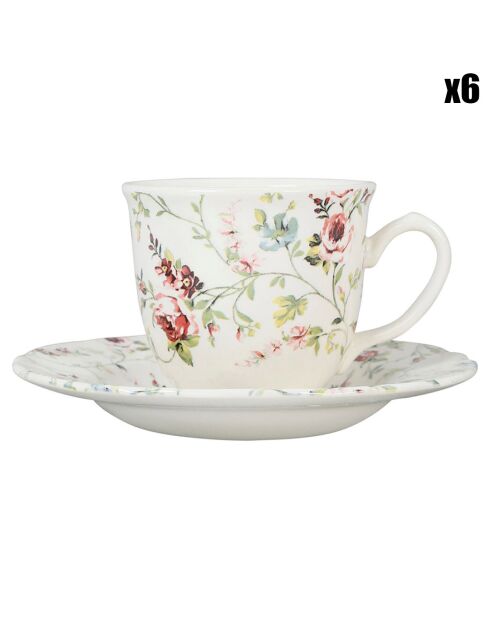 6 Tasses à thé avec sous tasses Fleurs Champêtres multicolores  - 20 cl