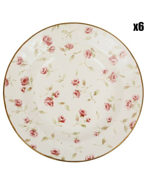 6 Assiettes creuses Rose rose/doré  - D.23 cm