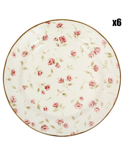 6 Assiettes plates Rose rose/doré  - D.26 cm