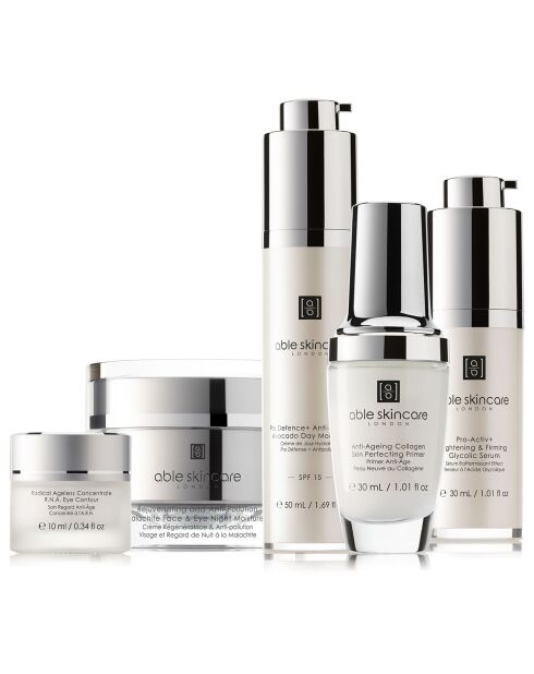 Set Crème Régénératrice & Anti-pollution Visage et Regard de Nuit + Sérum Raffermissant Effet Tenseur + Soin Regard Anti-Âge + Crème Hydratante de Jour Pro Défense + Primer Anti-Âge Peau Neuve - 5 pièces