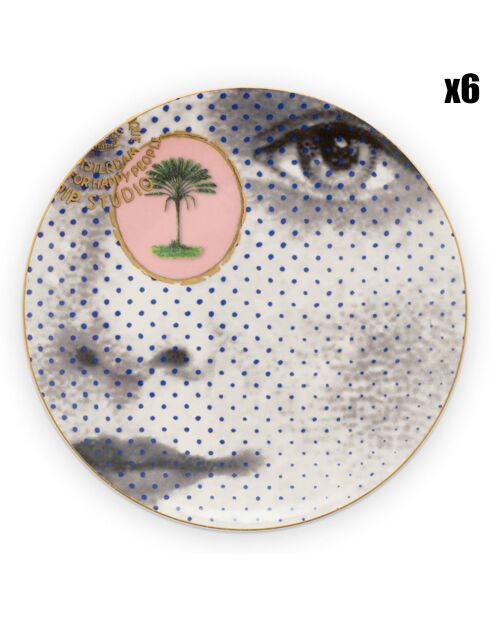 6 Assiettes plates en Porcelaine Héritage Visage noir/rose - D.16.5 cm