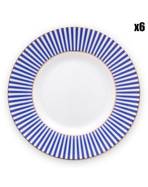 6 Assiettes en Porcelaine  petit four Royal Stripes bleues -  D.12 cm