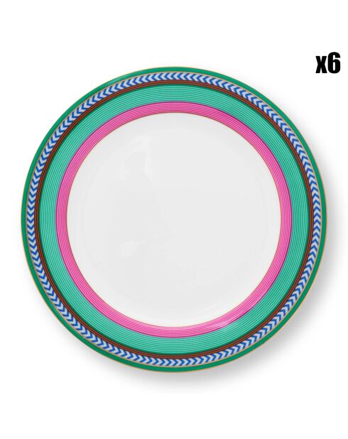 6 Pip Chique Dessertteller aus rosa/grünem Porzellan, D.23 cm