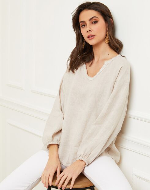 Beigefarbene Bluse Celiane aus 100% Leinen