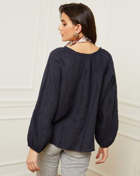 Marineblauwe blouse van 100% linnen Celiane