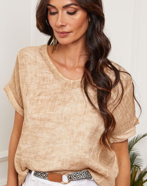 Fabioza camel top van 100% linnen