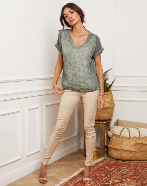 Fabioza kaki groene top van 100% linnen