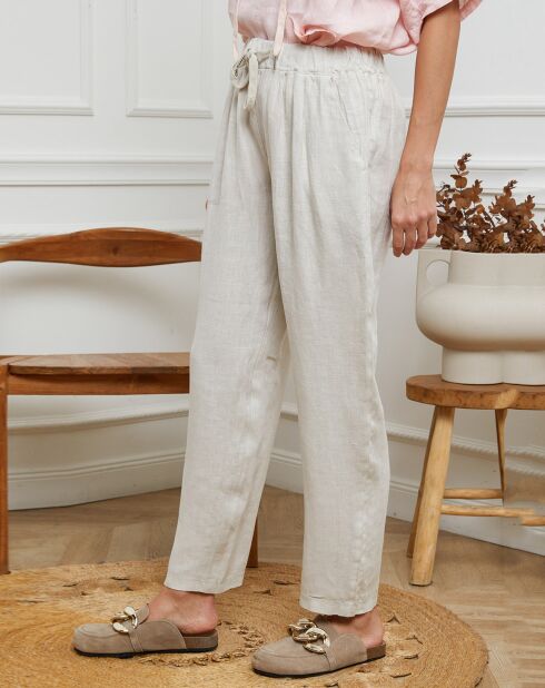 Beige Ferria-broek van 100% linnen
