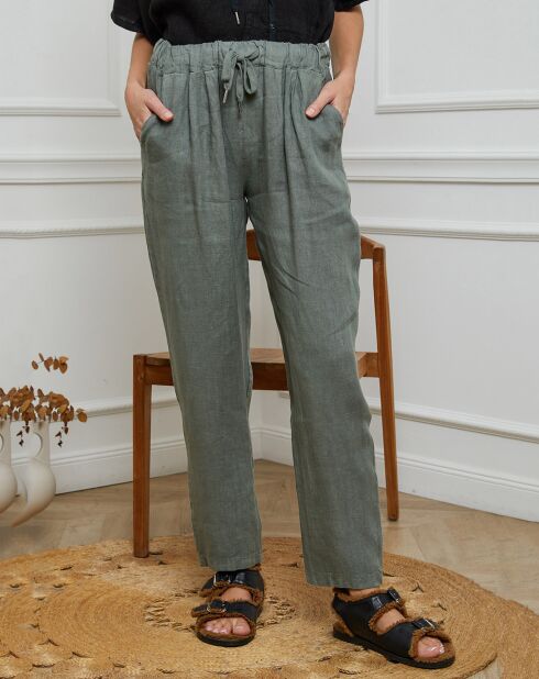 Kaki Ferria-broek van 100% linnen