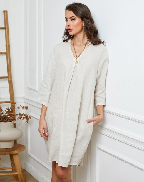 Beige jurk van 100% linnen Folia