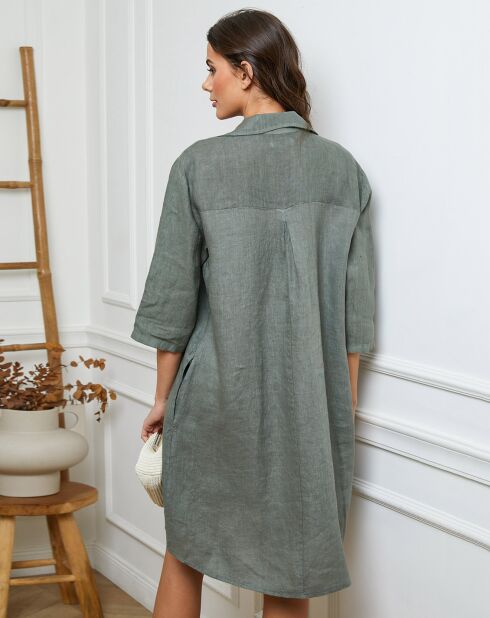 Kaki jurk van 100% linnen Folia