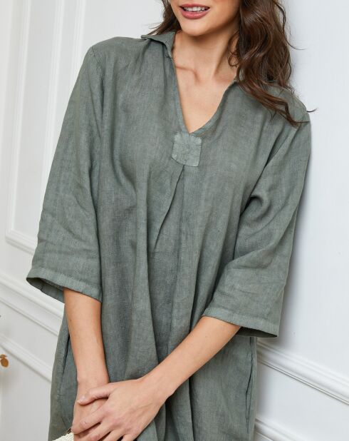 Kaki jurk van 100% linnen Folia