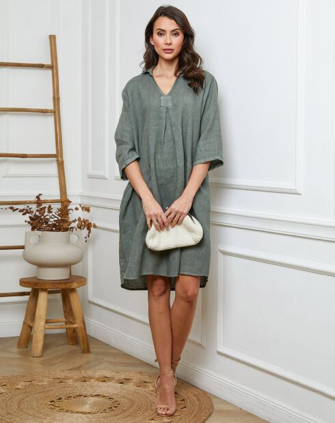 Kaki jurk van 100% linnen Folia