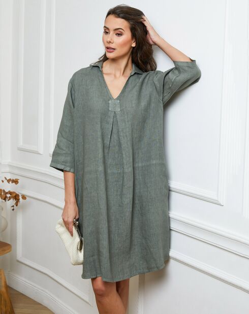 Kaki jurk van 100% linnen Folia