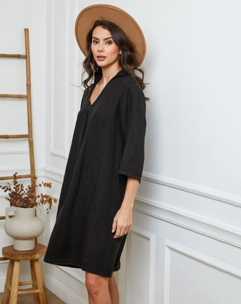 Zwarte jurk van 100% linnen Folia