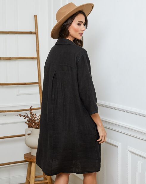 Zwarte jurk van 100% linnen Folia