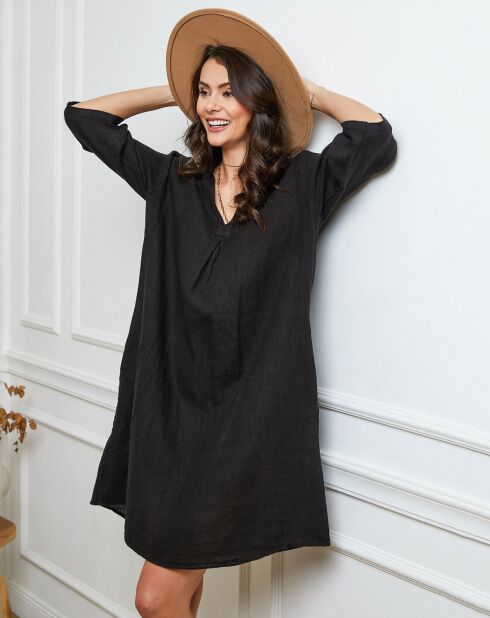 Zwarte jurk van 100% linnen Folia